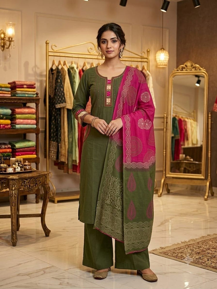 cambric-cotton-a-line-suit-set-with-katha-work-embroidered-pockets-paired-with-block-print-mul-cotton-dupatta-mehendi-green-1