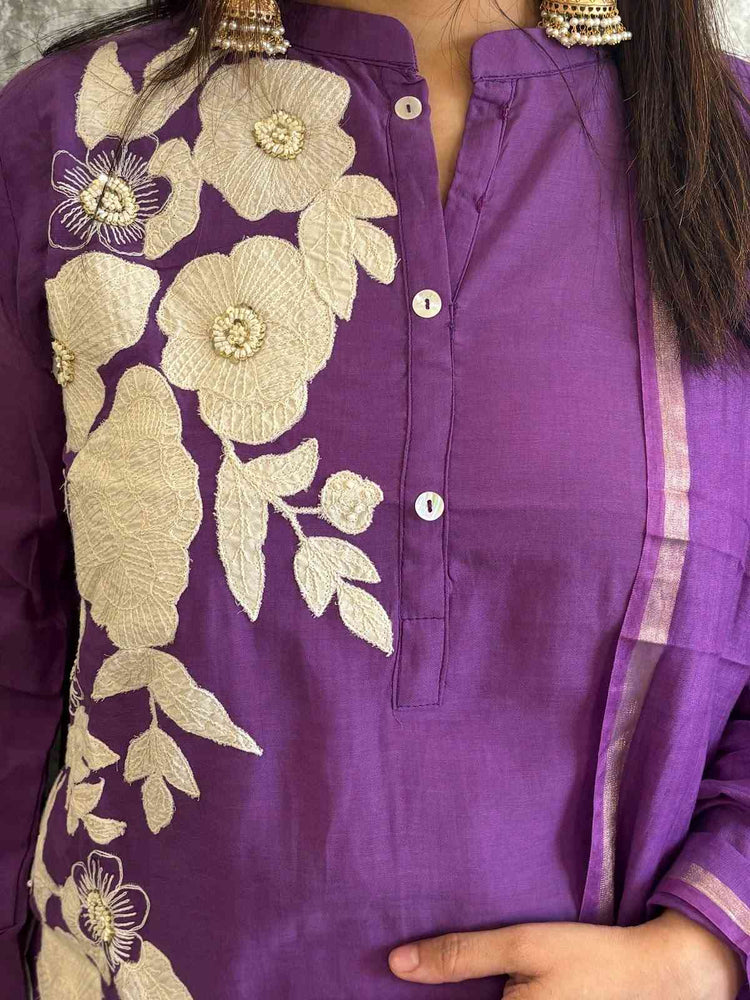 chanderi-appliqué-work-hand-embroidered-short-kurta-style-suit-set-purple-2