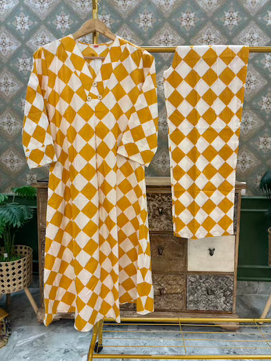 Checkered Print Pant Set in Cotton in Mustard