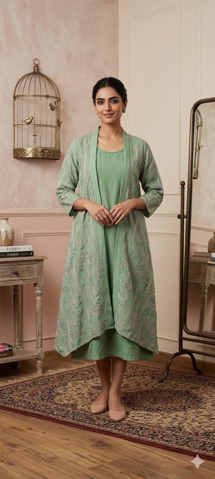 slim fit dress slacks Peach Organza Shrug with Green Dress – KotiSutra