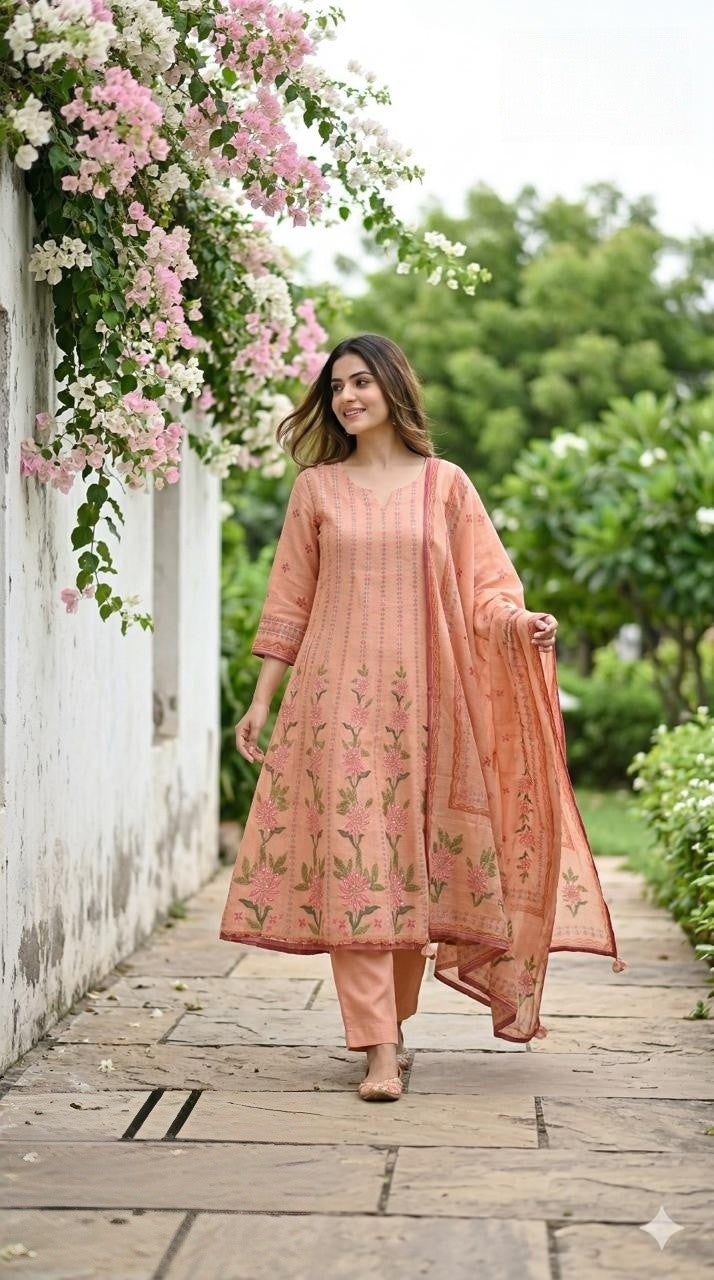 Cotton Linen Katha Work Githan Work Anarkali With Mul Cotton Lining in  Brownish Peach