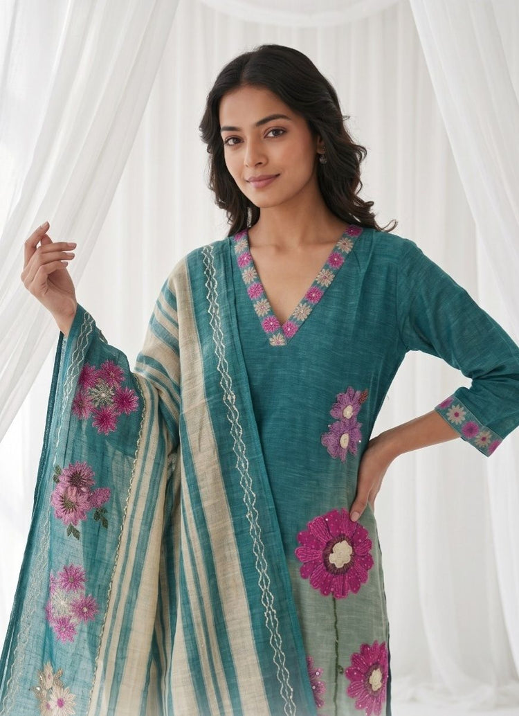 linen-chanderi-katha-knot-work-embroidered-straight-fit-suit-set-bluish-green-2