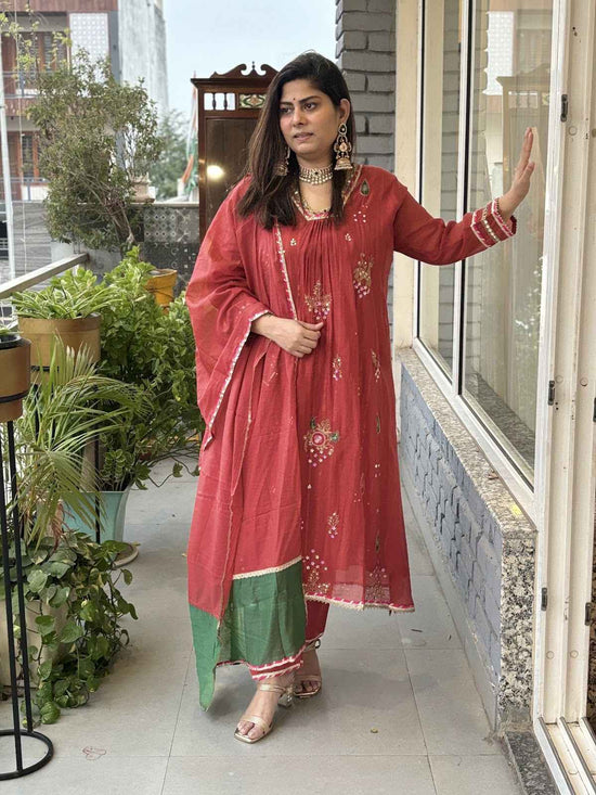mul-chanderi-embroidered-a-line-suit-set-with-cotton-lurex-lining-chanderi-colour-block-dupatta-rust-1