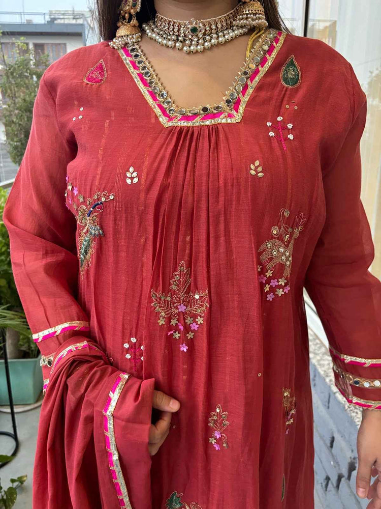 mul-chanderi-embroidered-a-line-suit-set-with-cotton-lurex-lining-chanderi-colour-block-dupatta-rust-2