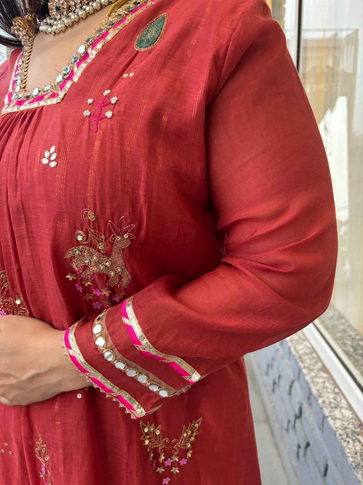 mul-chanderi-embroidered-a-line-suit-set-with-cotton-lurex-lining-chanderi-colour-block-dupatta-rust-3