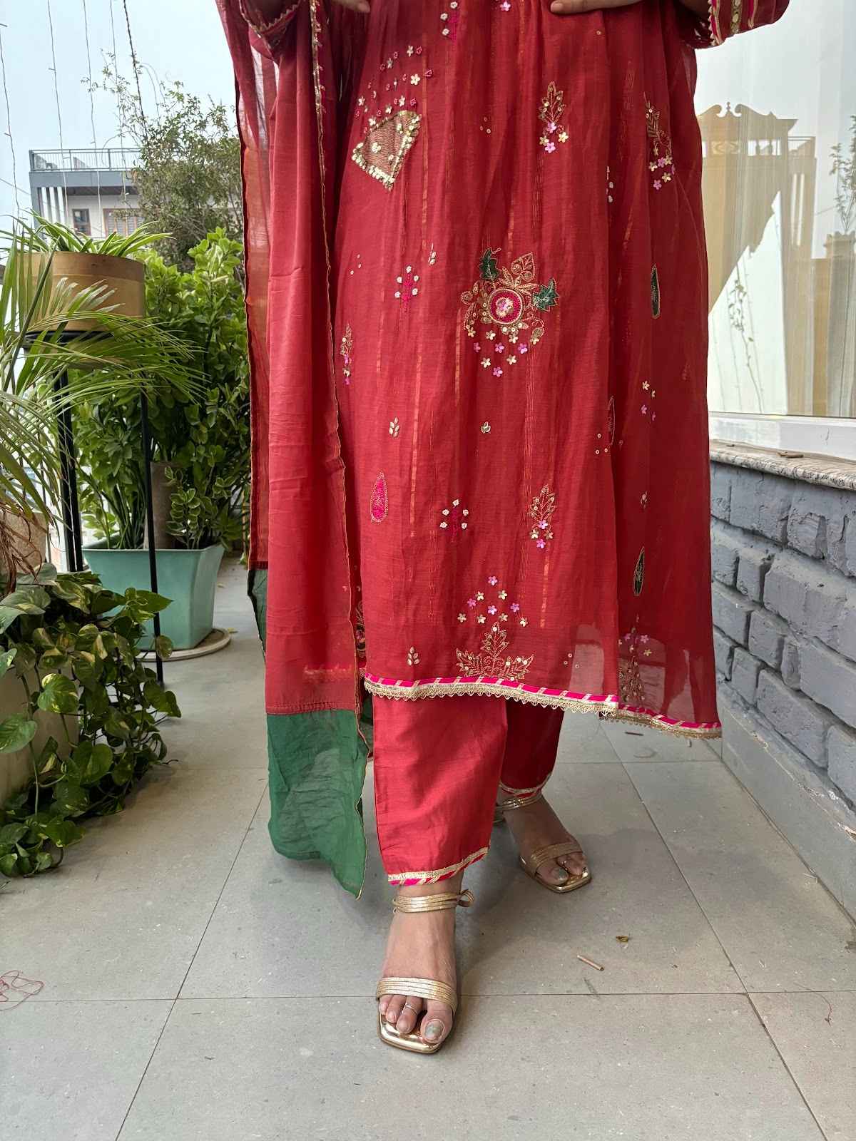 mul-chanderi-embroidered-a-line-suit-set-with-cotton-lurex-lining-chanderi-colour-block-dupatta-rust-4