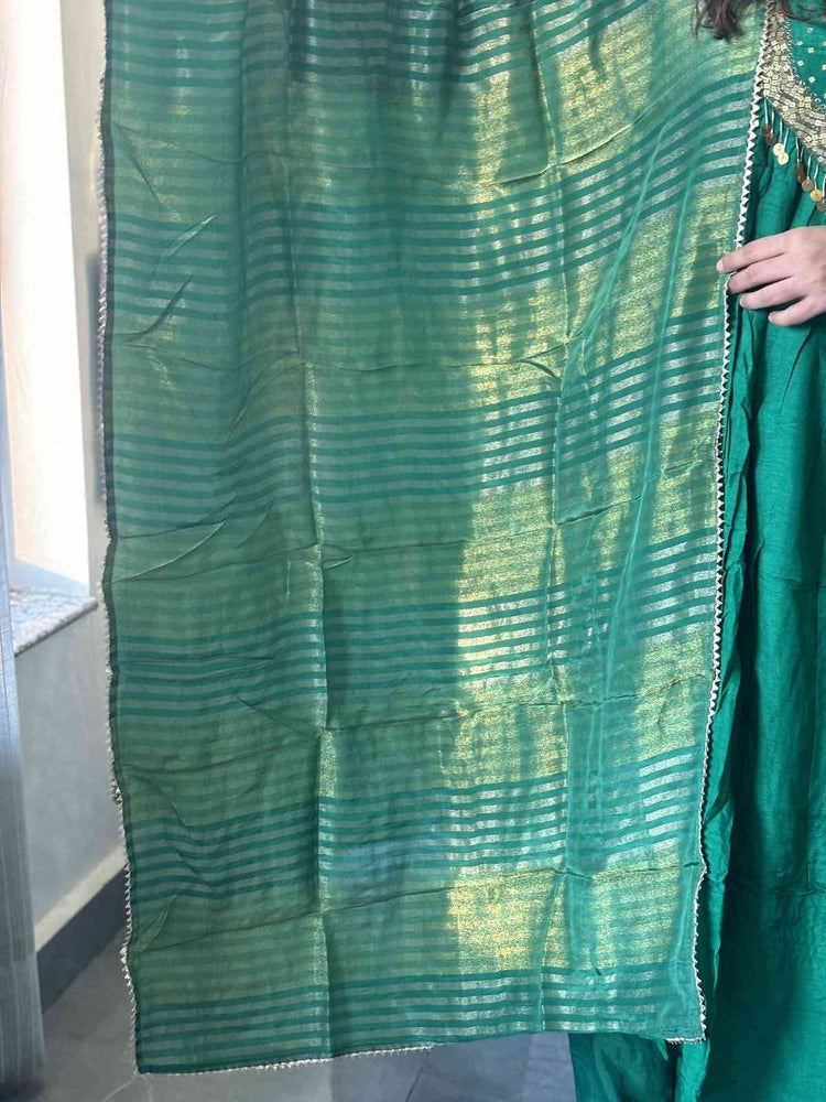 premium-banaras-mul-chanderi-a-line-hand-embroidered-suit-set-with-brocade-patches-paired-with-tissue-dupatta-green-4