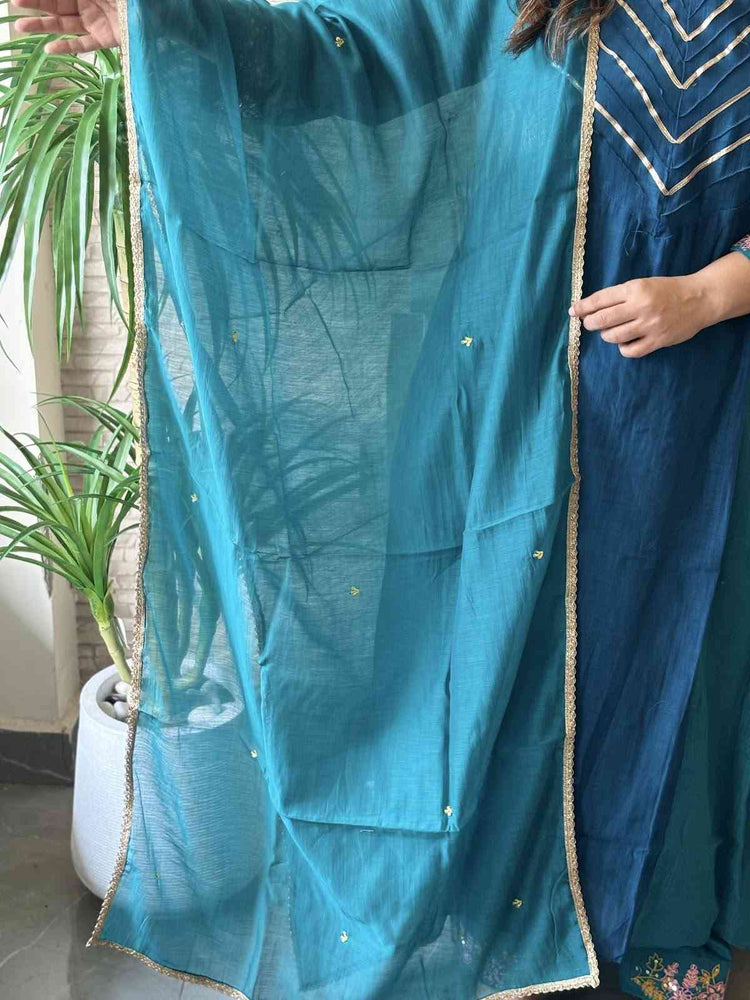 premium-banaras-mul-chanderi-hand-embroidered-a-line-suit-set-with-side-gathers-embroidered-malai-cotton-pant-mul-chanderi-dupatta-bluish-green-6