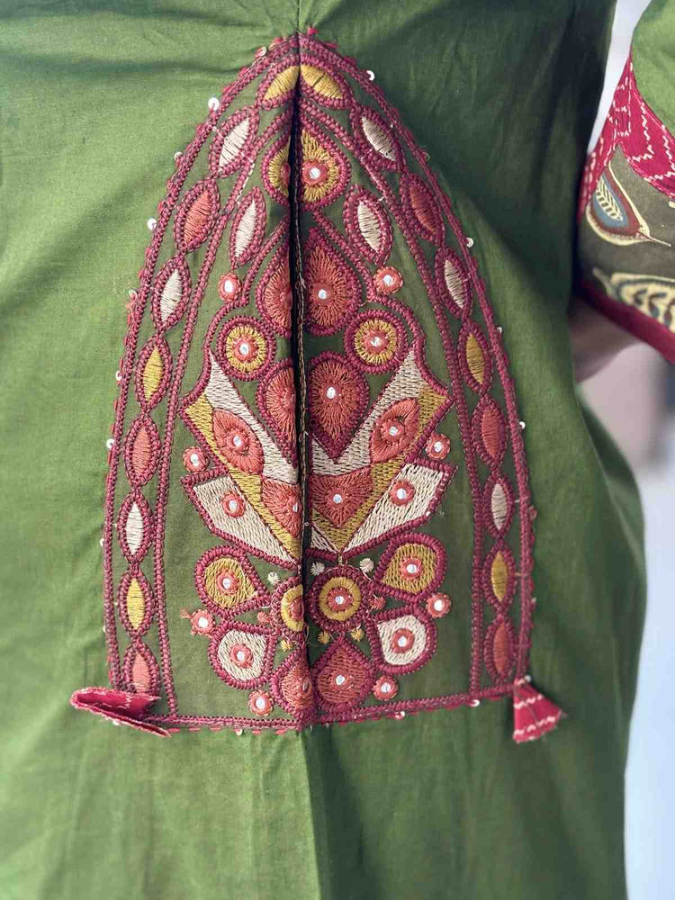 premium-cotton-embroidered-a-line-suit-set-with-embroidery-at-back-pockets-paired-with-cotton-patch-work-dupatta-mehendi-green-5