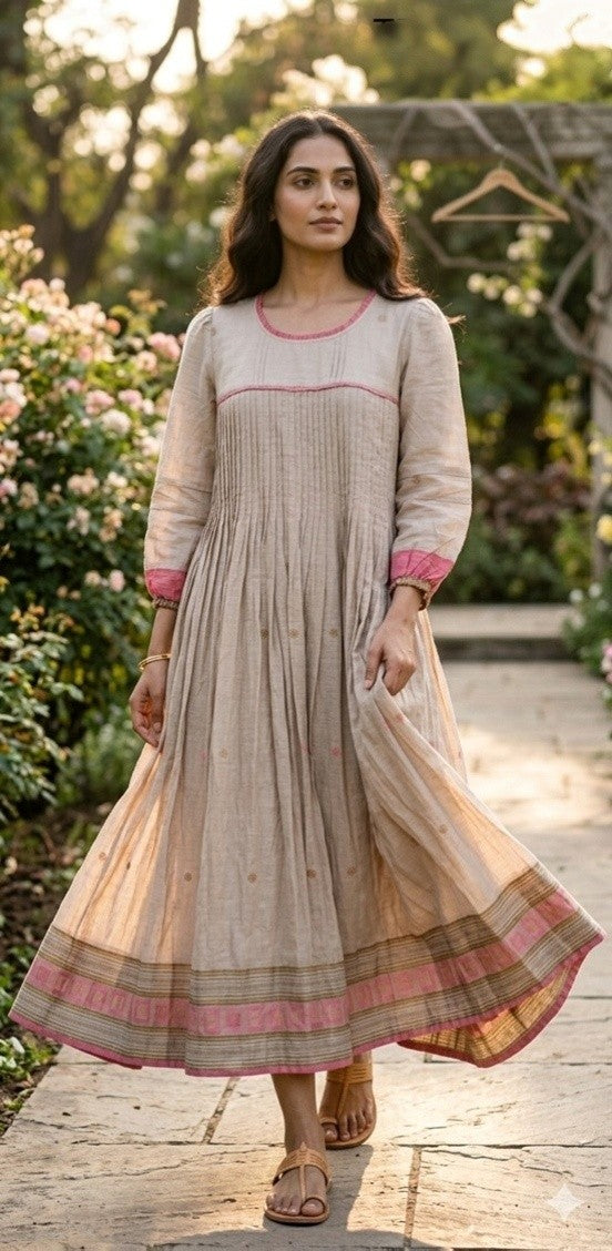 Premium Cotton Jamdani 2-layer Dress With Pockets in Sand Colour