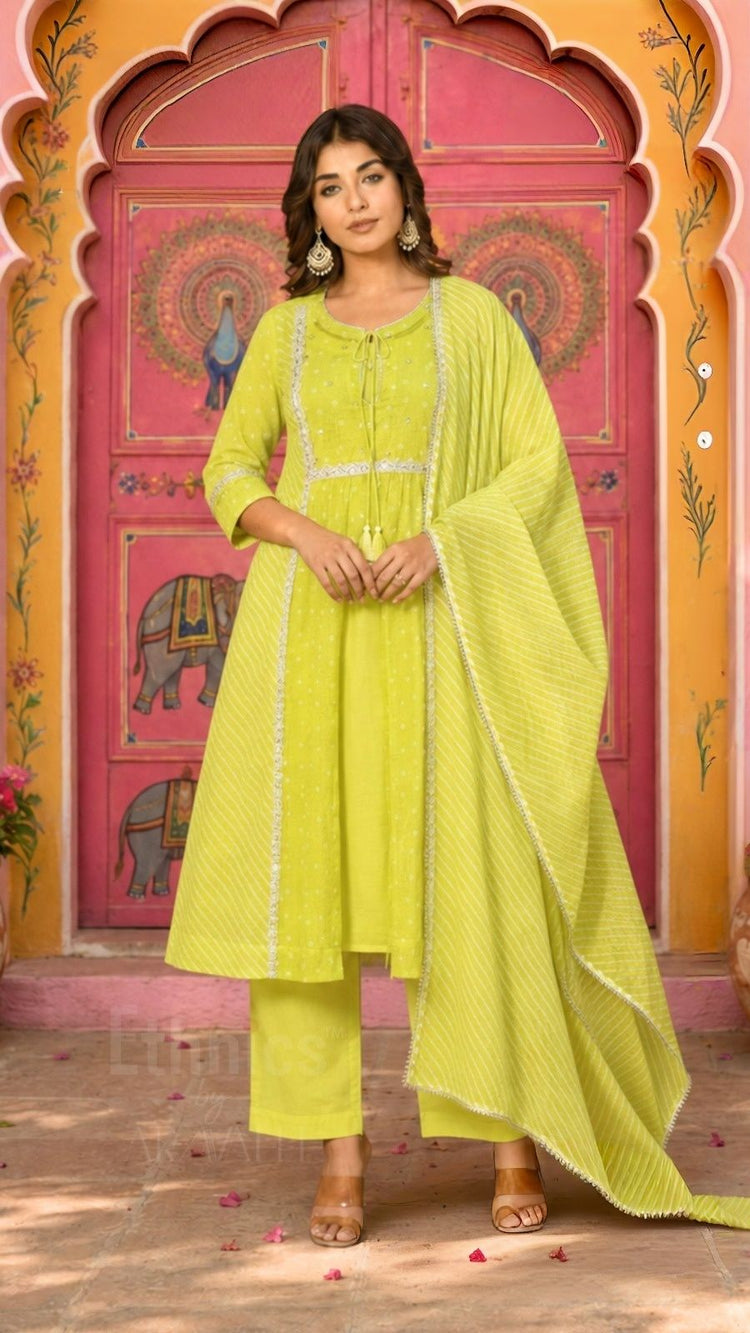 premium-kota-doria-a-line-leheriya-bandhni-print-suit-set-with-gota-detailing-paired-with-kota-doria-dupatta-neon-green-1