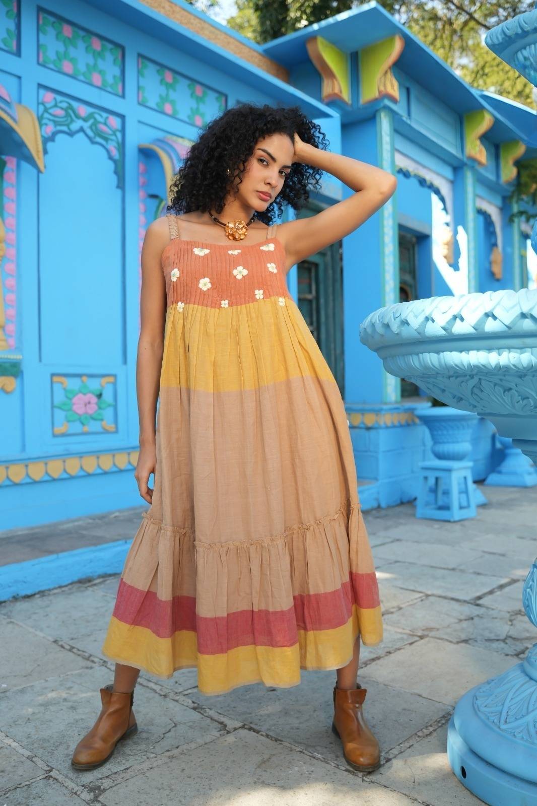 Premium Mul Cotton Embroidered Dress With Mul Cotton Lining Pockets in Brown