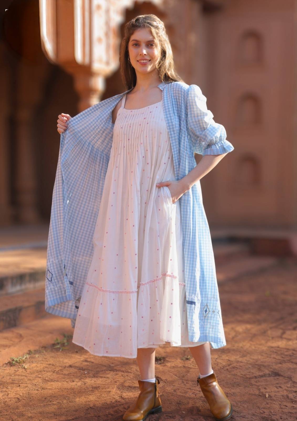 Premium Mul Cotton Jamdani Dress With Shrug in Blue Premium Mul Cotton Jamdani Dress With Shrug in Blue