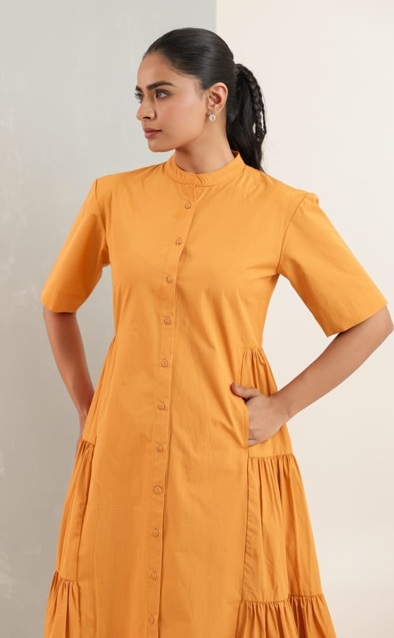 Pure Cotton A-line Dress With Side Gathers in Orange – Heritage Hues By