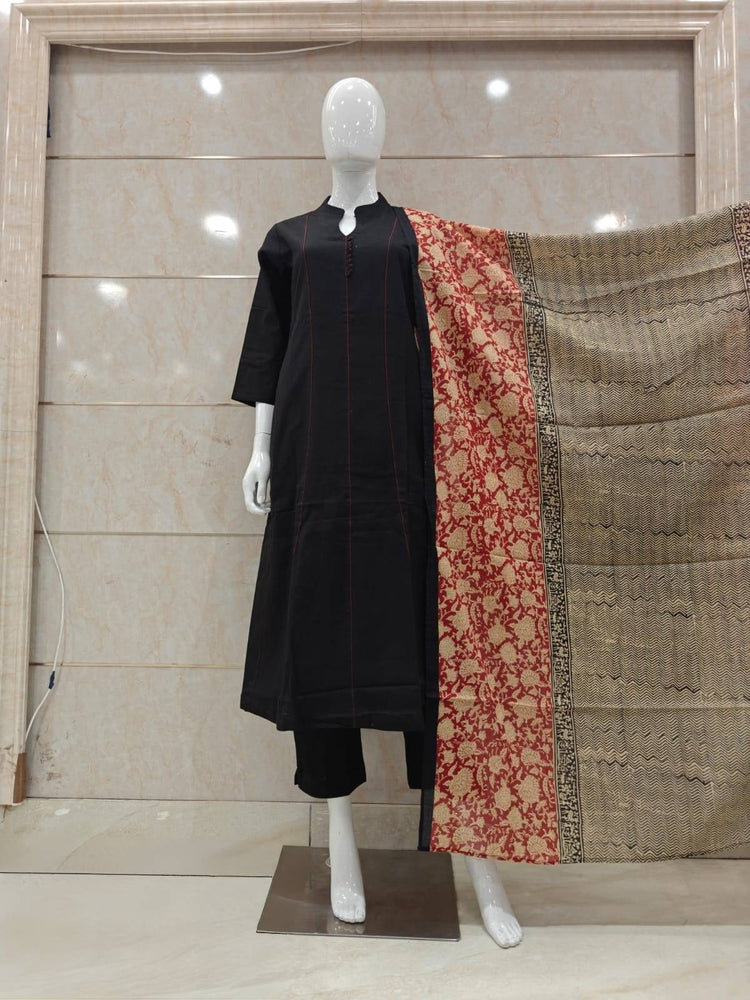 pure-cotton-a-line-suit-set-with-print-contrast-dupatta-black-1