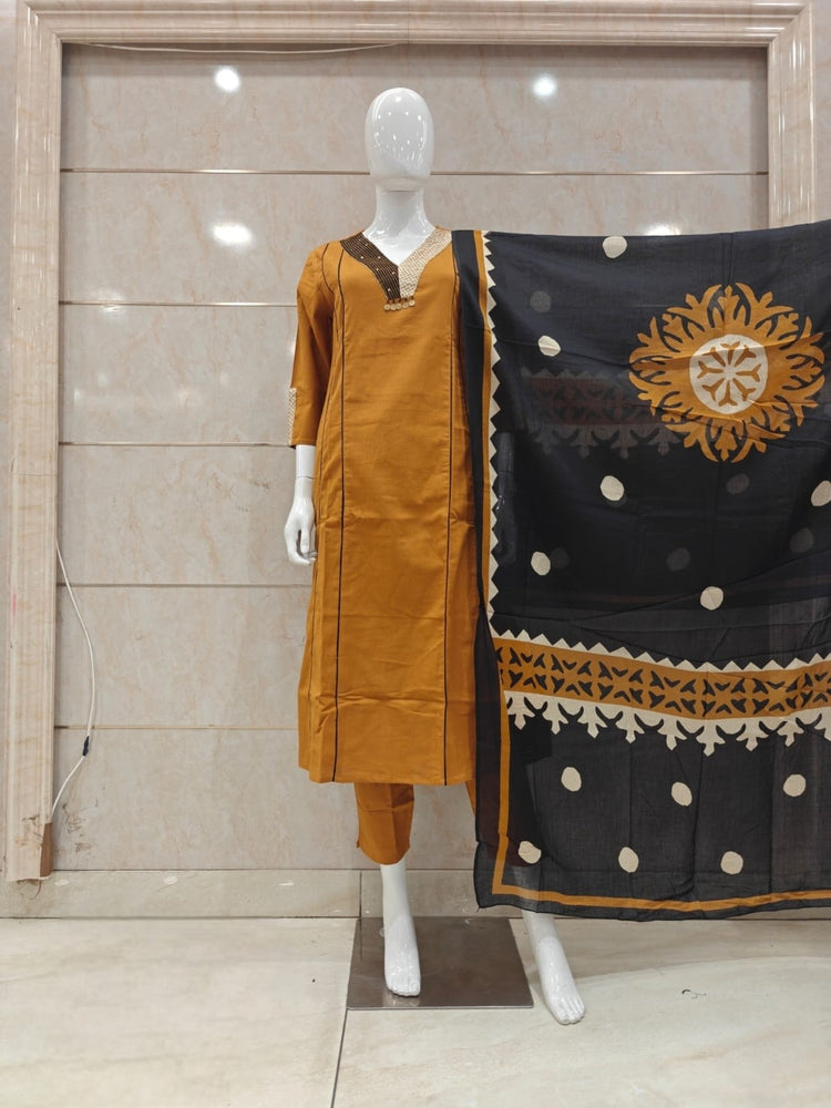 pure-cotton-a-line-suit-set-with-printed-dupatta-embroidered-neck-brownish-rust-1