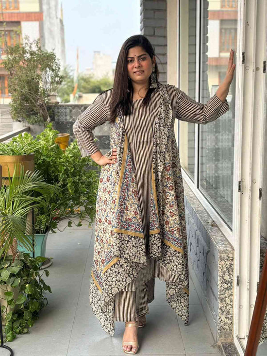 Pure Cotton Anarkali Style Pant Set With Mul Cotton Kalamkari Print Shrug in Black