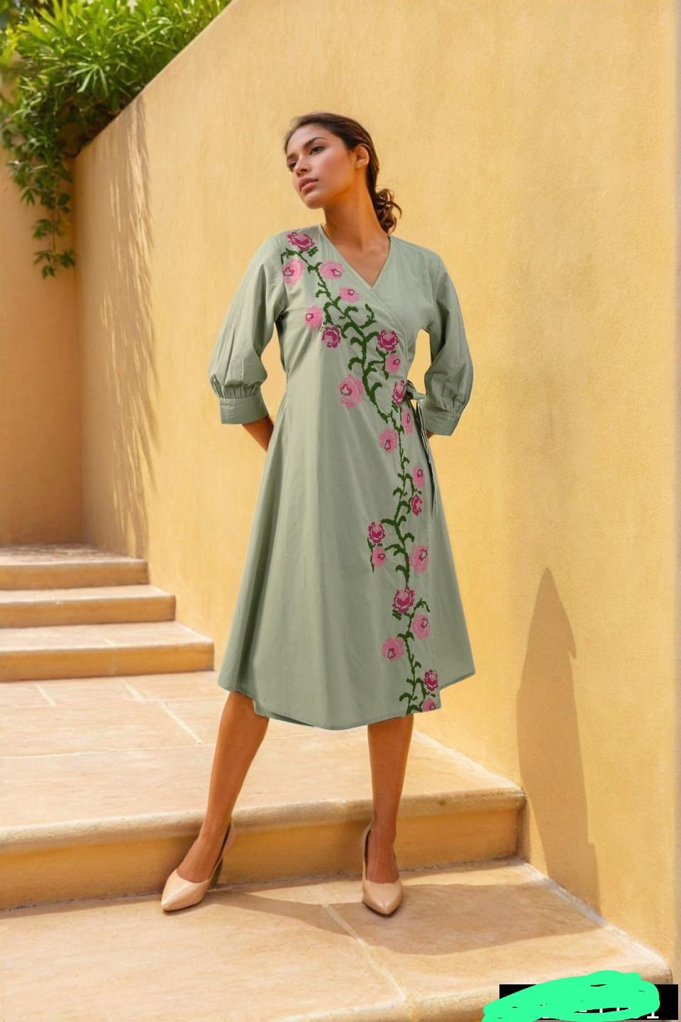 pure-cotton-angrakha-style-cross-stitch-embroidery-dress-olive-green-1