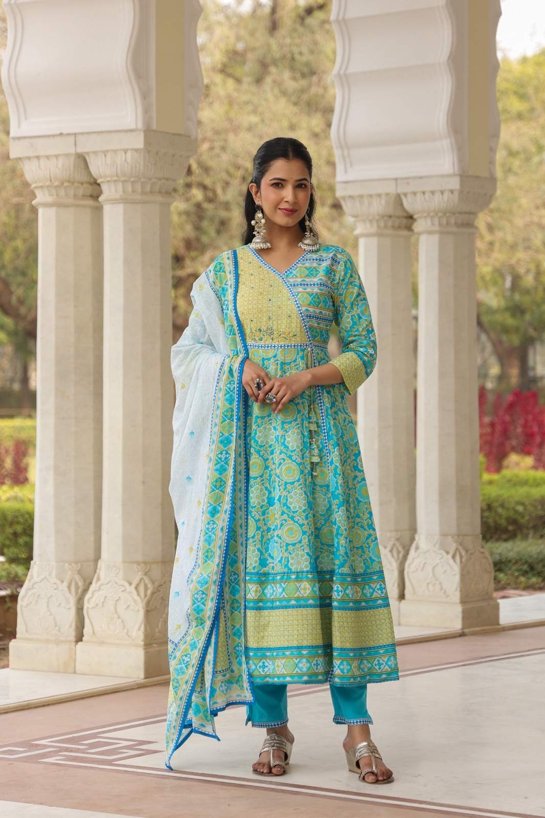 Blue Angrakha SUNHARI ROYAL BLUE HAND BLOCK COTTON ANGRAKHA SET WITH SOFT NET DUPATT