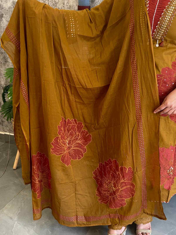 pure-cotton-appliqué-work-embroidered-suit-set-paired-with-mul-cotton-hand-brush-paint-dupatta-mustard-brown-3