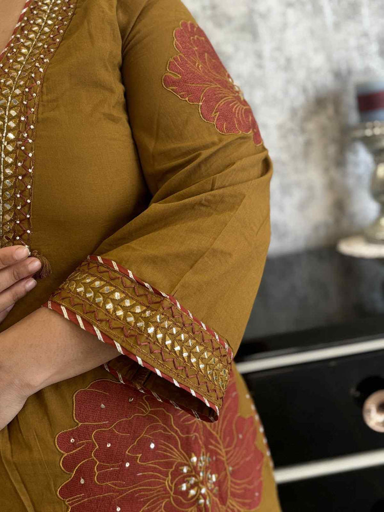 pure-cotton-appliqué-work-embroidered-suit-set-paired-with-mul-cotton-hand-brush-paint-dupatta-mustard-brown-5