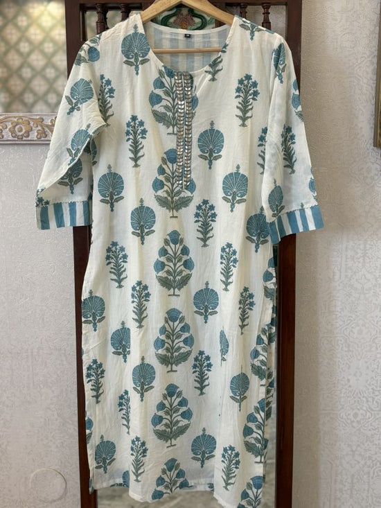 Pure Cotton Block Print Pant Set With Striped Cotton Pants in Blue