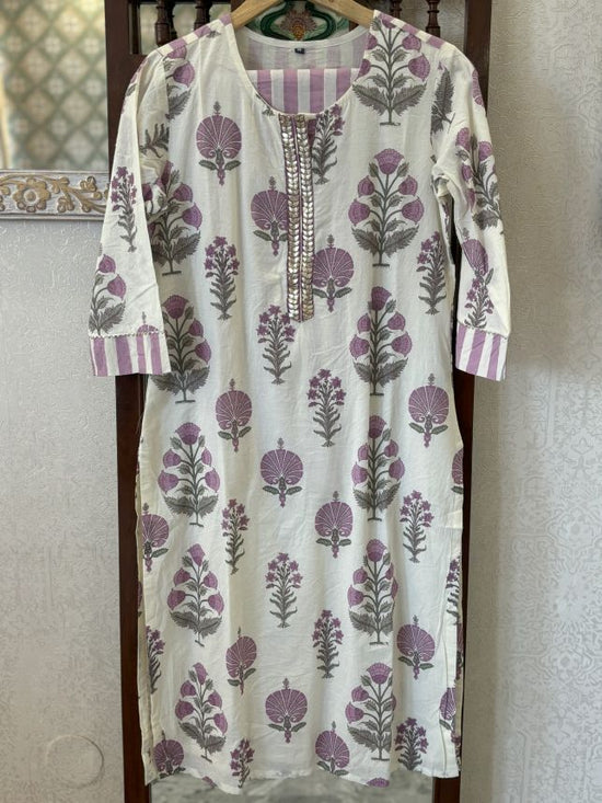 Pure Cotton Block Print Pant Set With Striped Cotton Pants in Lavender