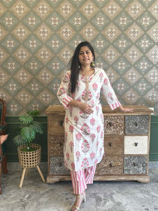 Pure Cotton Block Print Pant Set With Striped Cotton Pants in Pink