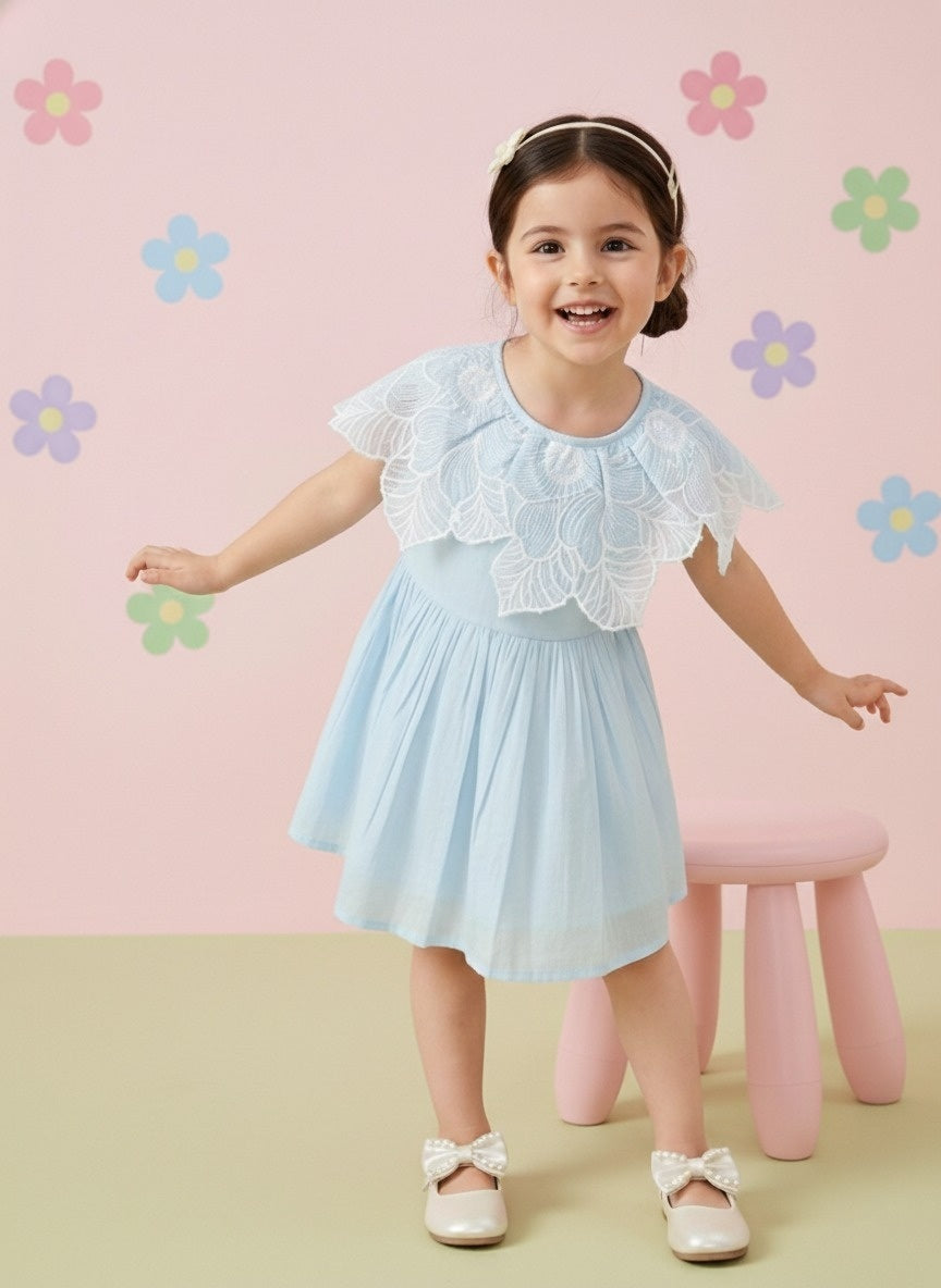 Pure Cotton Embroidered Dress With Cut Work Neck in Ice Blue – Heritage Hues By Ritika