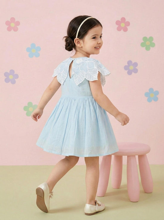 Pure Cotton Embroidered Dress With Cut Work Neck in Ice Blue