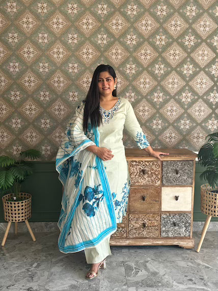 Pure Cotton Flex Digital Suit Set with Pittan Work on Neck Paired with Digital Print Mul Cotton Dupatta in Beige and Blue