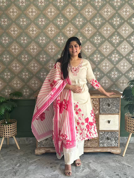 Pure Cotton Flex Digital Suit Set with Pittan Work on Neck Paired with Digital Print Mul Cotton Dupatta in Beige and Pink