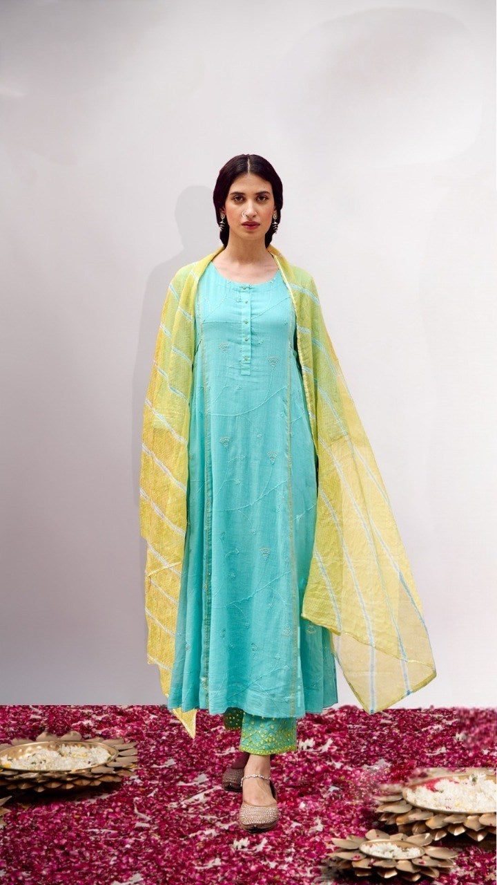 pure-cotton-front-back-embroidered-a-line-suit-set-paired-with-leheriya-kota-doria-dupatta-firozi-blue-1