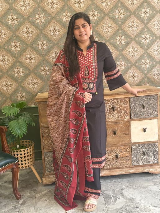 Pure Cotton Hand Embroidered Suit Set with Block Print Dupatta in Black