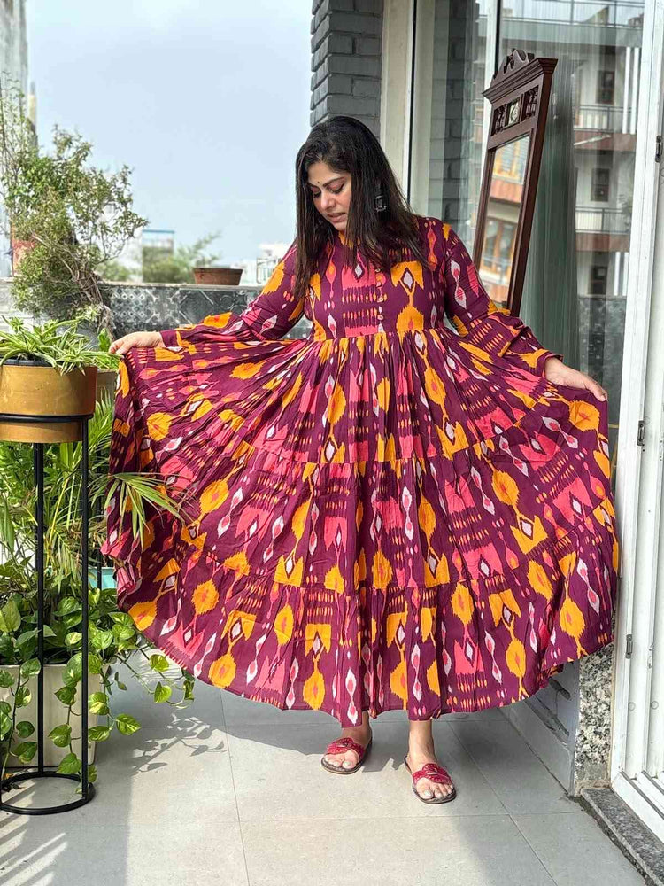 pure-cotton-ikkat-print-tiered-floor-length-dress-wine-2