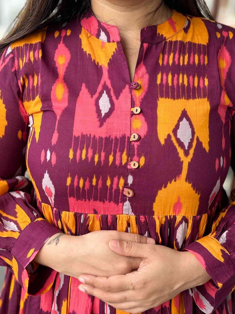 pure-cotton-ikkat-print-tiered-floor-length-dress-wine-3