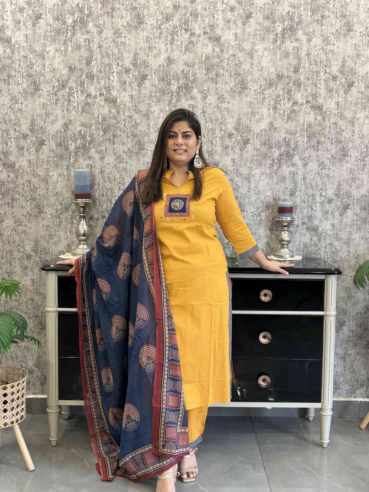 pure-cotton-mirror-work-straight-suit-set-orangish-yellow-1