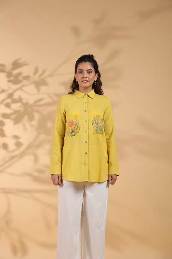 Pure Cotton Patchwork Embroidered Shirt in Yellow