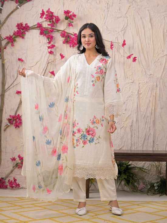 Pure Cotton Schiffli Digital Print Pakistani Style Digital Print Suit Set Paired With Pure Chiffon Brush Paint Dupatta in White And Pink