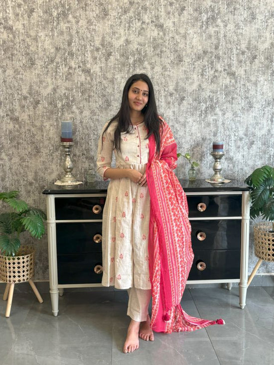 Pure Cotton Slub Embroidered Suit Set With Pure Kota Check Dupatta in Beige and Red