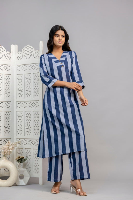 Pure Cotton Stripes Pant Set in Dark Blue