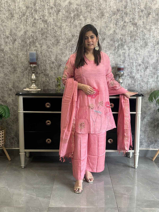 pure-mul-chanderi-applique-kantha-work-short-kurta-suit-set-paired-with-palazzo-chanderi-dupatta-pink-1