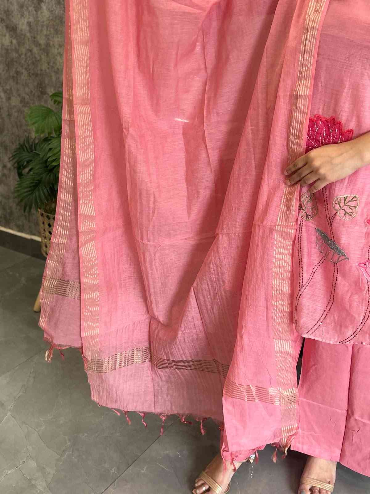 pure-mul-chanderi-applique-kantha-work-short-kurta-suit-set-paired-with-palazzo-chanderi-dupatta-pink-5