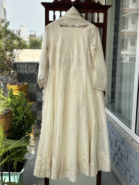 Pure Mul Chanderi Mukaish Work Hand Embroidered Anarkali Paired With Pure Mul Chanderi Embroidered Dupatta in Off White