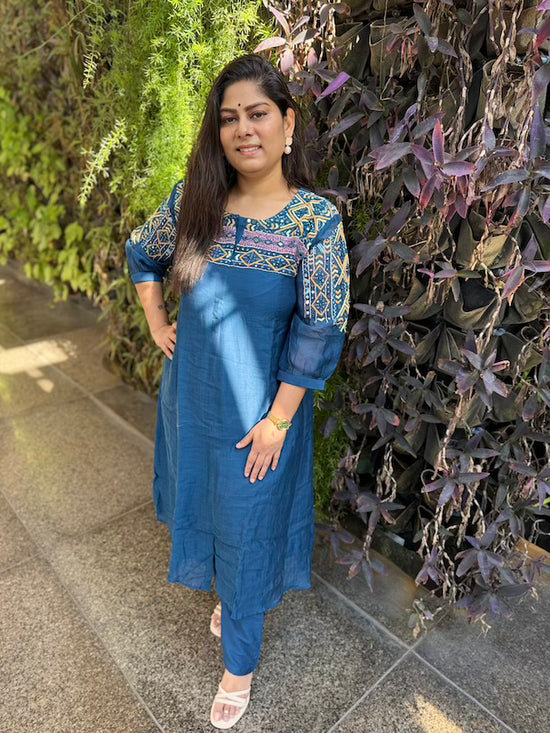 Pure Mulchanderi Hand Embroidered Pant Set With More than 100 Mirrors in Blue