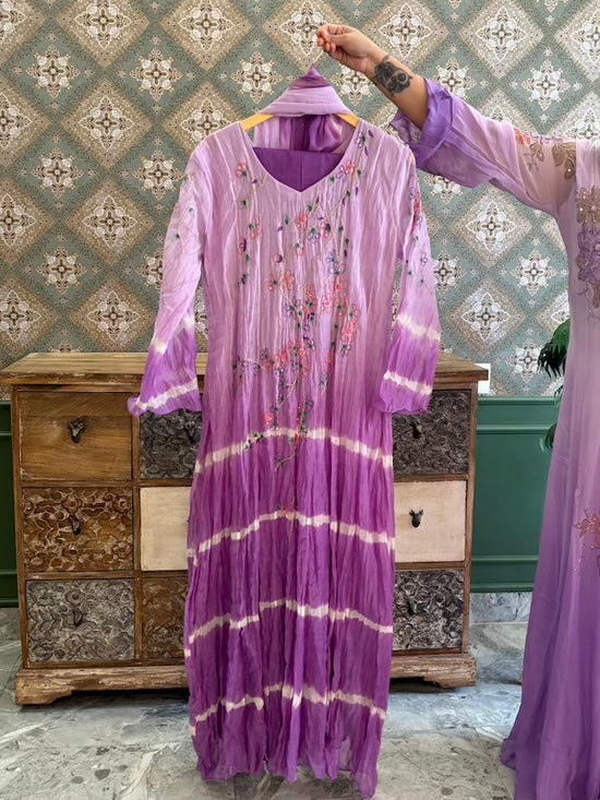 Pure Mulchanderi Shibori Print Crushed Fabric Hand Embroidered Gown Paired With Cotton Pant And Chiffon Dupatta in Lavender