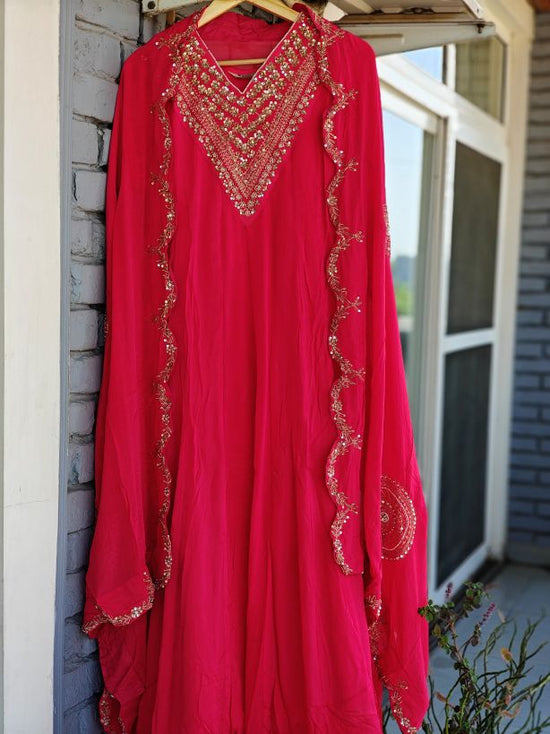 Pure Chinnon Hand Embroidered Gown With Cane Came Paired With Pure Georgette Duppata With Hand Embroidery