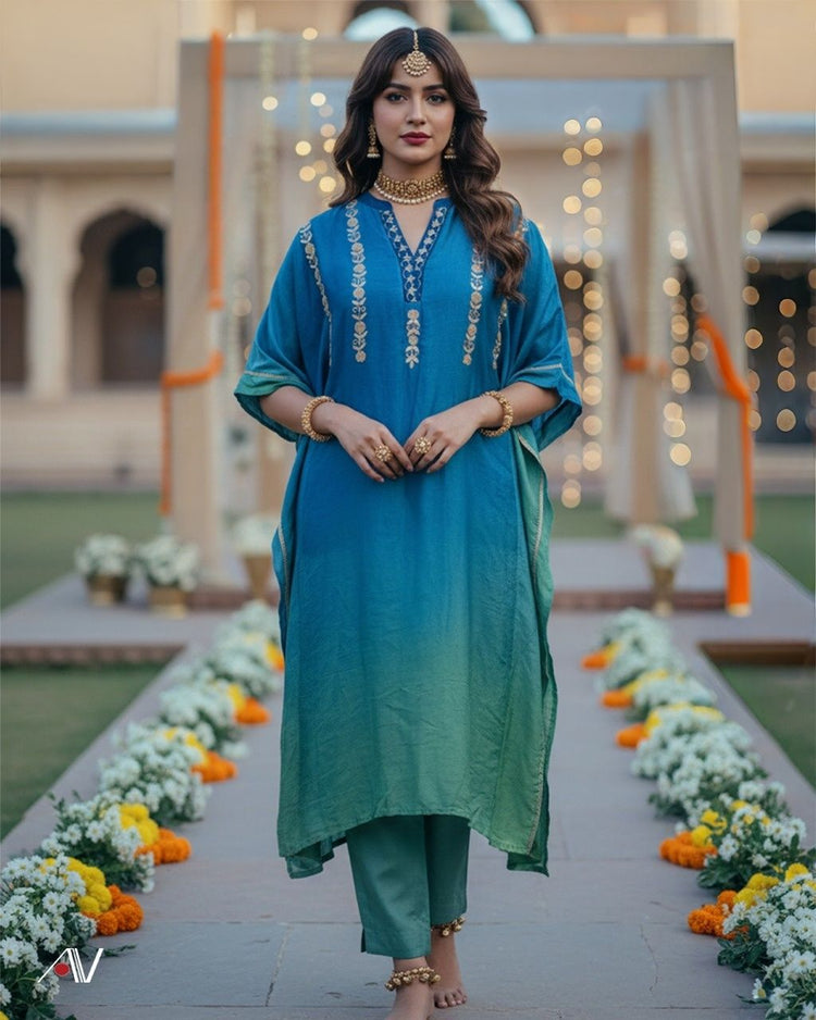 russian-silk-zari-embroidered-ombré-shade-kaftan-set-blue-1