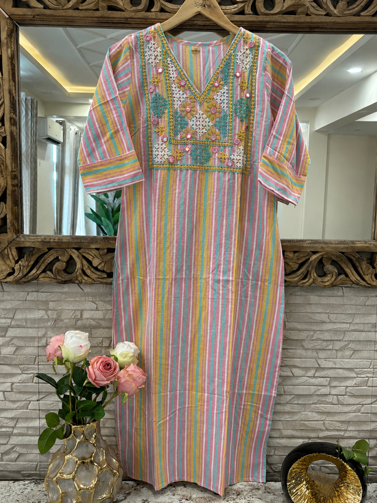 Pure Cotton Handloom Hand Embroidered Kurta in Baby Pink