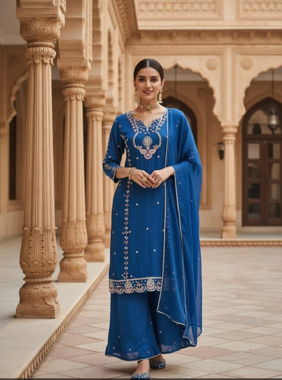 Pure Chinnon Hand Embroidered Straight Fit Suit Set With Embroidered Chinnon Palazzo Paired With Chiffon Dupatta in Royal Blue